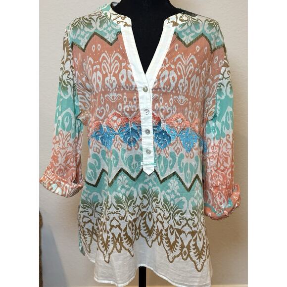 Chico’s Sheer Colorful Blouse Roll Tab Sleeves Beaded and Embroidered Size 2 (L) - Picture 1 of 6